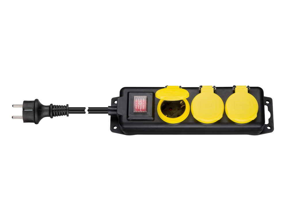 Steckdosenleiste 3-fach, mit beleuchtetem Ein-/Aus- Schalter, Outdoor geeignet, schwarz / gelb, 3m