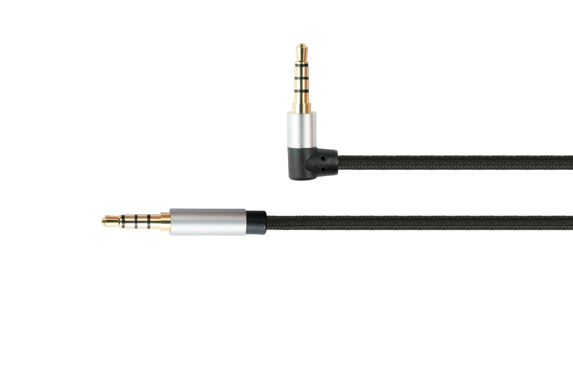 Audio Anschlusskabel High-Quality, 4-poliger 3,5mm Klinkenstecker an Klinkenstecker gewinkelt, Textilmantel, schwarz, 1,5m