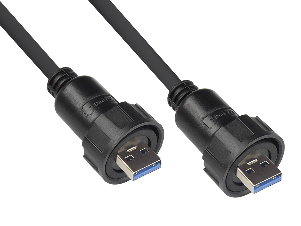 Industrie-Steckverbinder S4 - USB 3.0 Kabel, Stecker A mit Verschraubung beidseitig, schwarz, 1m