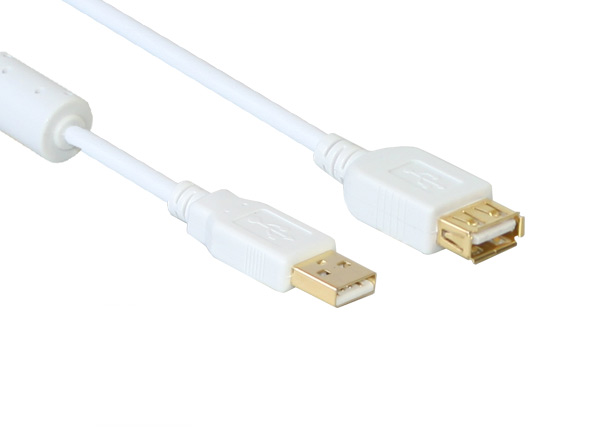 Verlängerung USB 2.0 Stecker A an Buchse A, mit Ferritkern, vergoldet, weiß, 1m