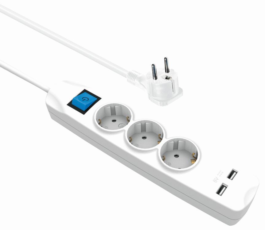 Steckdosenleiste 3-fach + 2x USB (2,1A), mit Schalter, flachen Schutzkontaktstecker, weiß, 1,5m