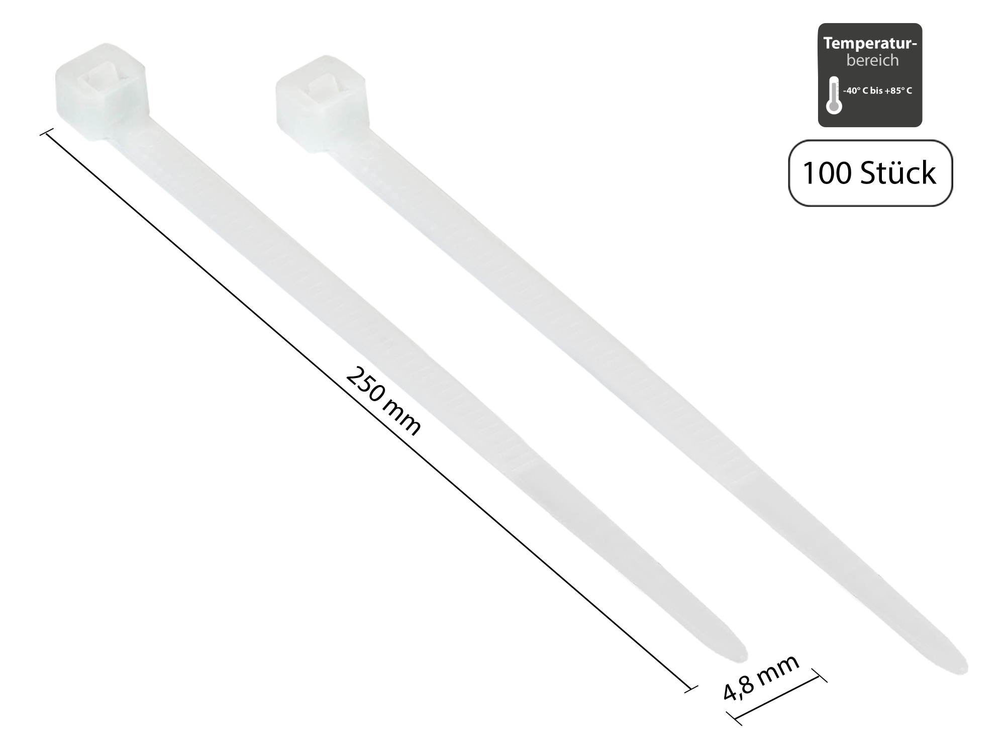 Kabelbinder 250 mm x 4,8 mm, transparent, UL, -40 °C bis +85 °C, 100 Stück
