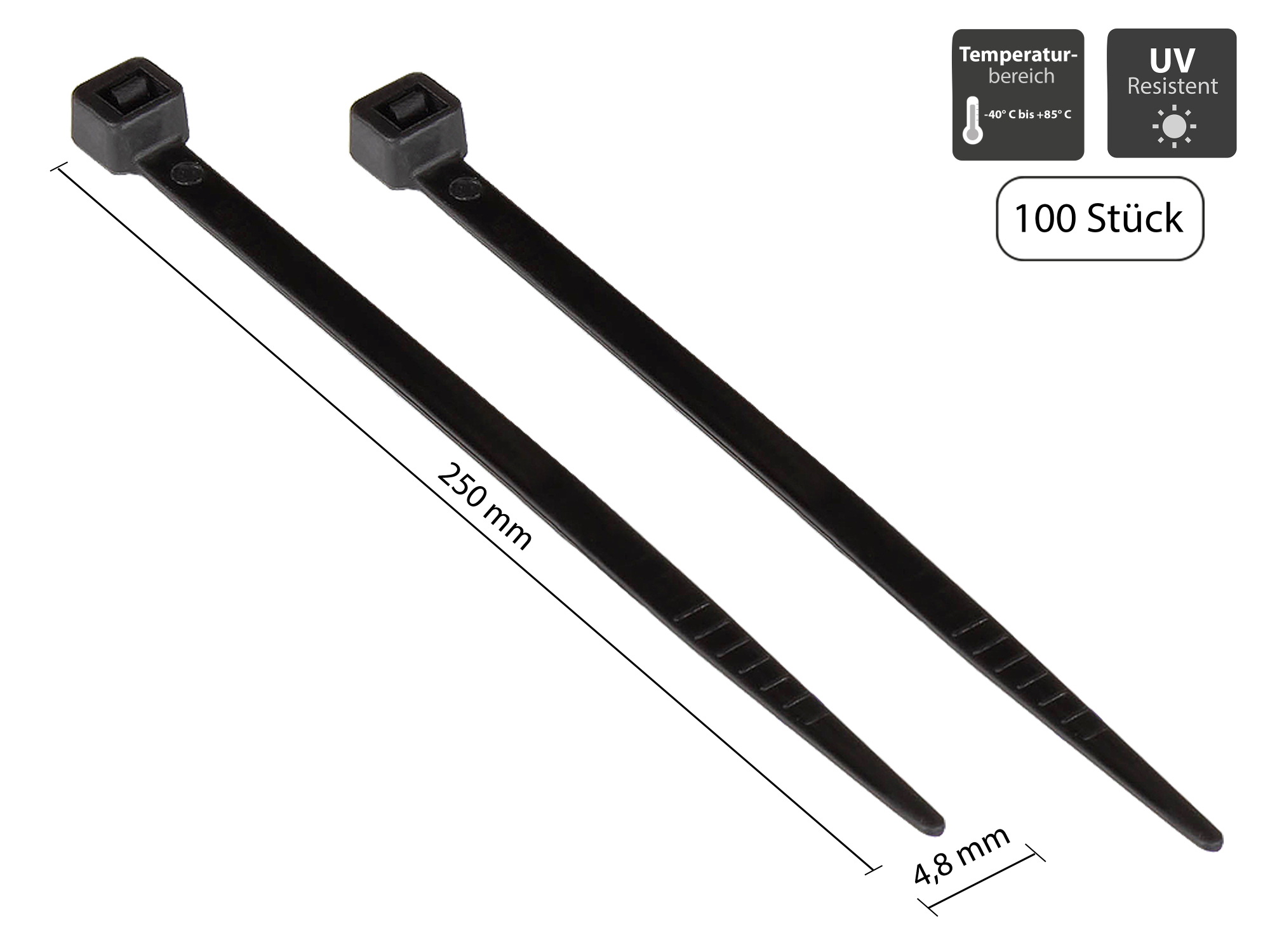 Kabelbinder 250 mm x 4,8 mm, schwarz, UL, UV-resistent, -40 °C bis +85 °C, 100 Stück