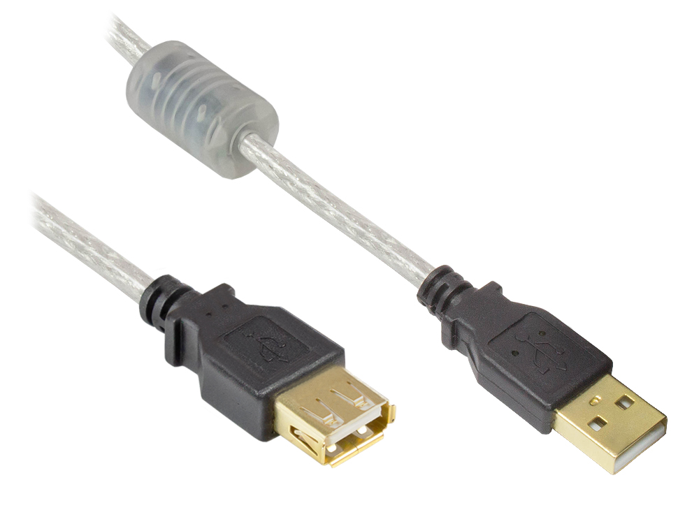 Verlängerung USB 2.0 Stecker A an Buchse A, High Quality mit Ferritkern, transparent, 5m