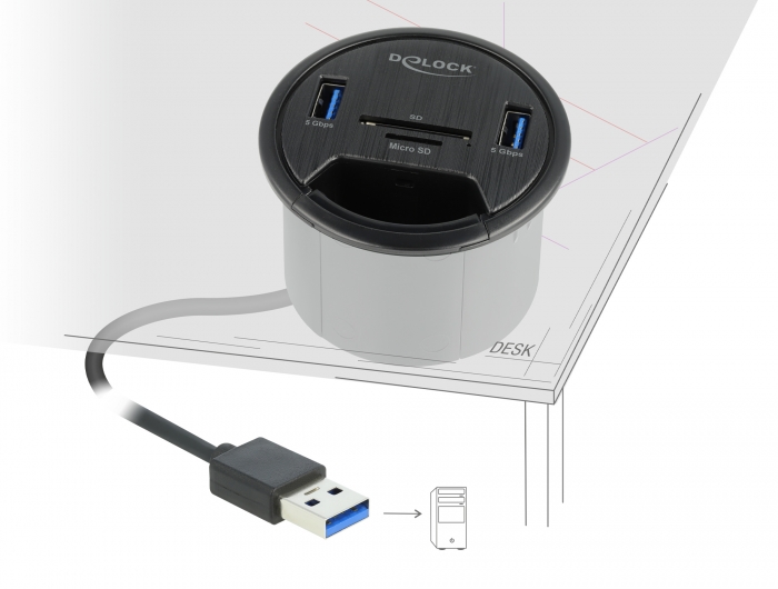 2 Port Tisch-Hub 2 x SuperSpeed USB Typ-A und Card Reader für SD und Micro, Delock® [64152]