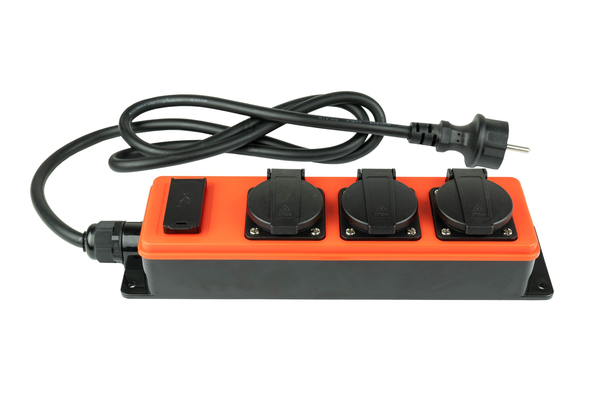 Steckdosenleiste Outdoor, 3-Schutzkontakt-Buchse (IP54/IP20), 2x USB-A Buchse, orange/schwarz, 1,5m