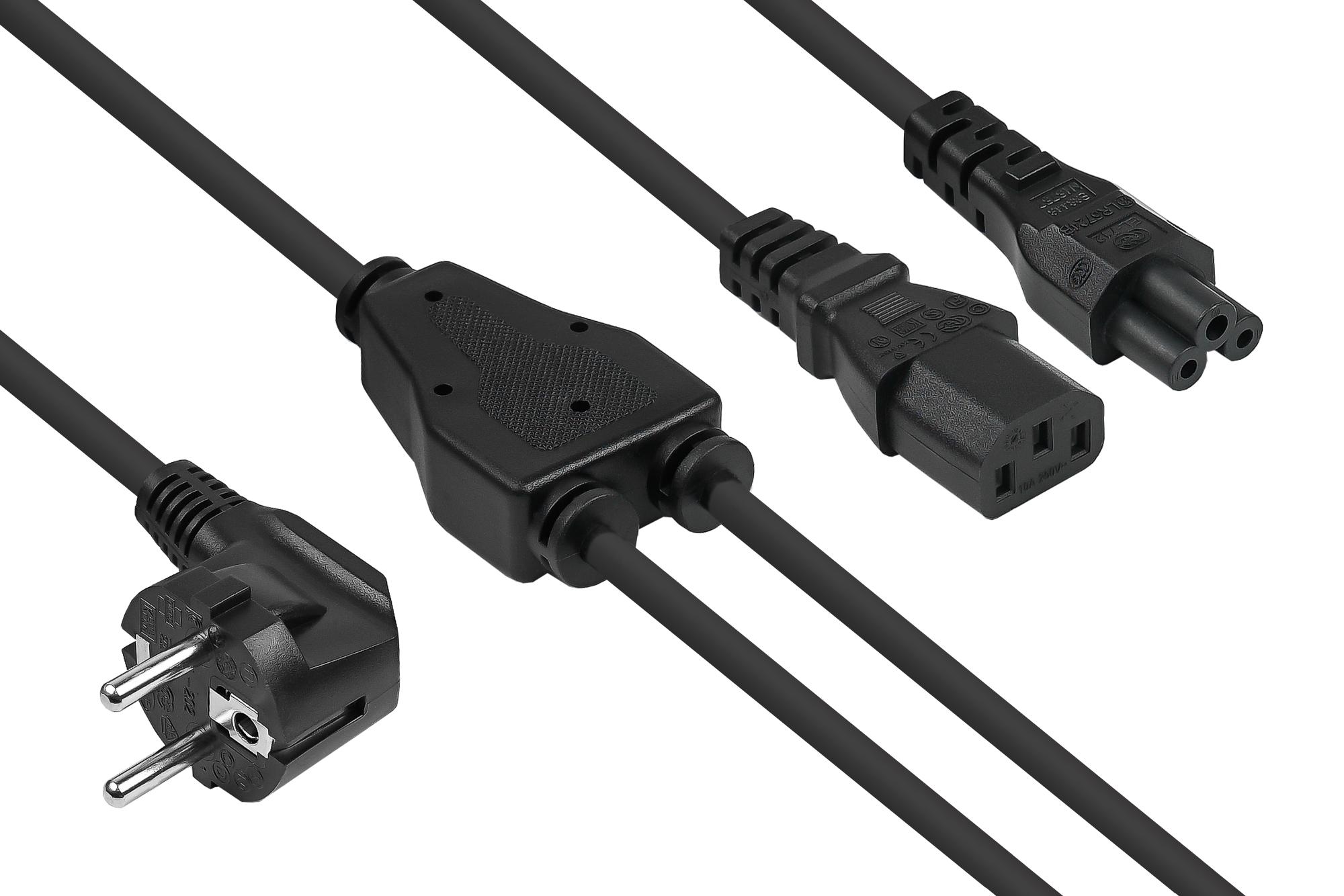 Y-Netzkabel Schutzkontakt-Stecker Typ E+F (90° gew.) an Buchse C13 und Buchse C5, schwarz, 2m