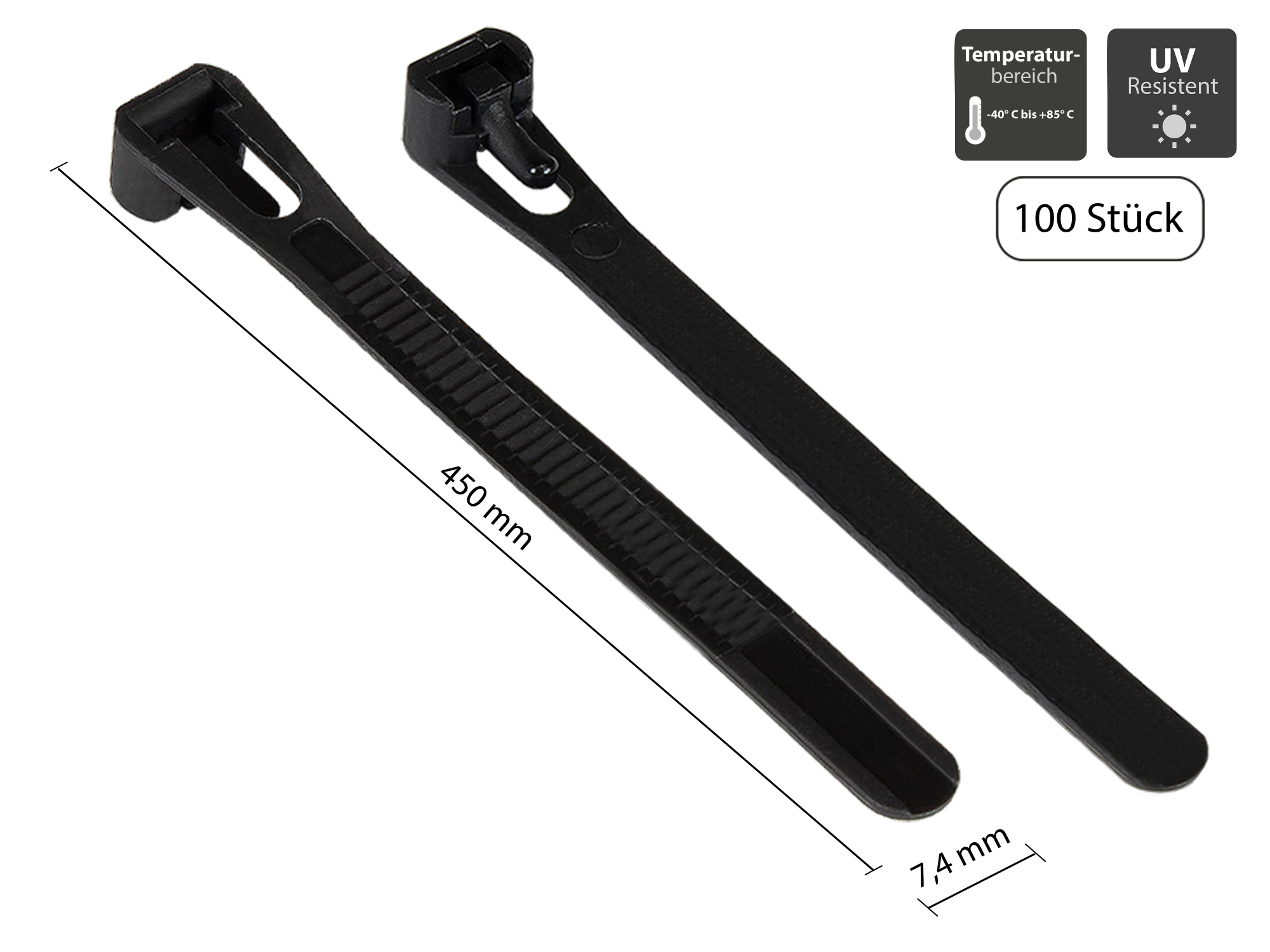 Wiederverwendbarer Kabelbinder 450 mm x 7,4 mm, schwarz, UV-resistent, -40 °C bis +85 °C, 100 Stück