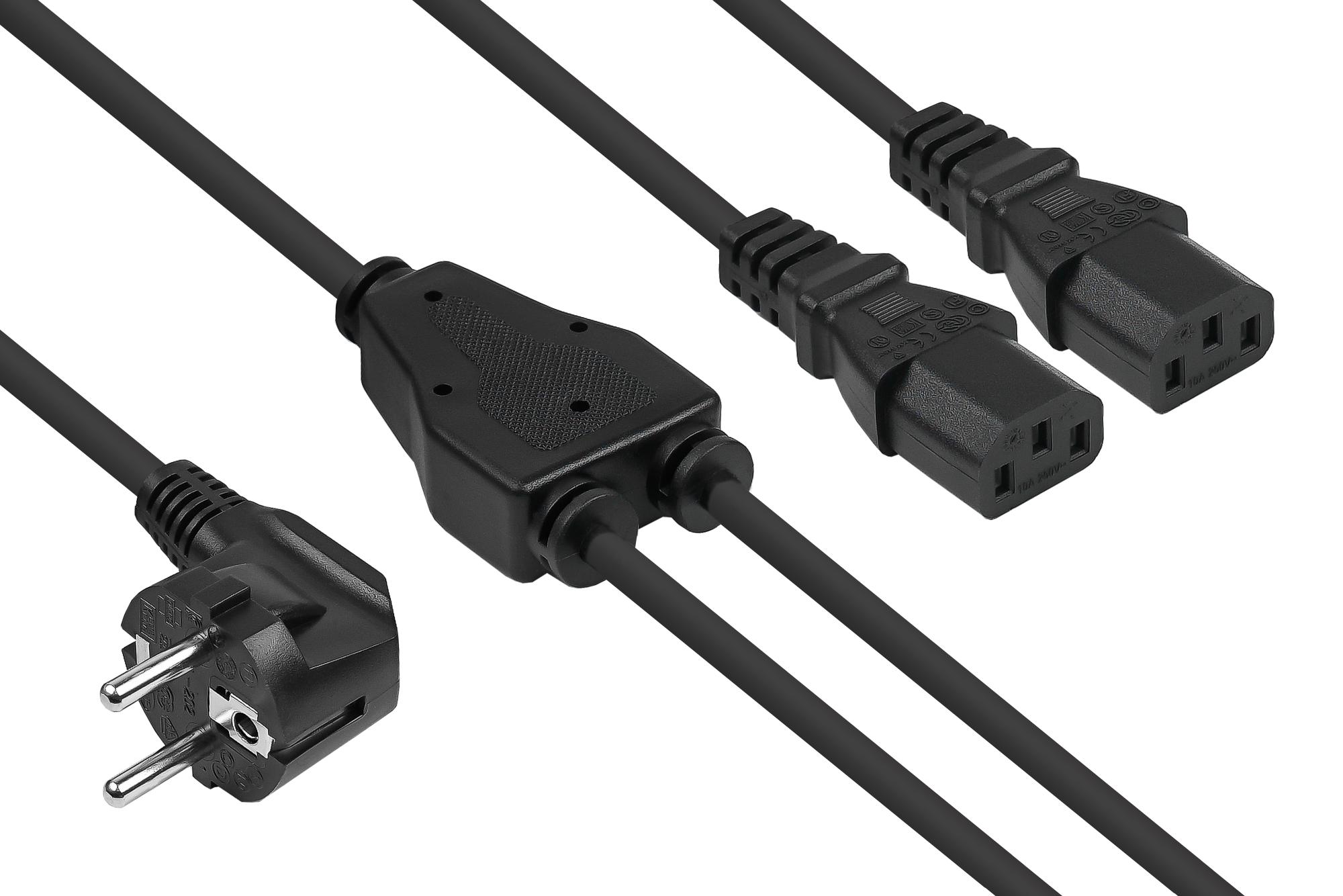 Y-Netzkabel Schutzkontakt-Stecker Typ E+F (CEE 7/7, gewinkelt) an 2x Buchse C13, schwarz, 2m