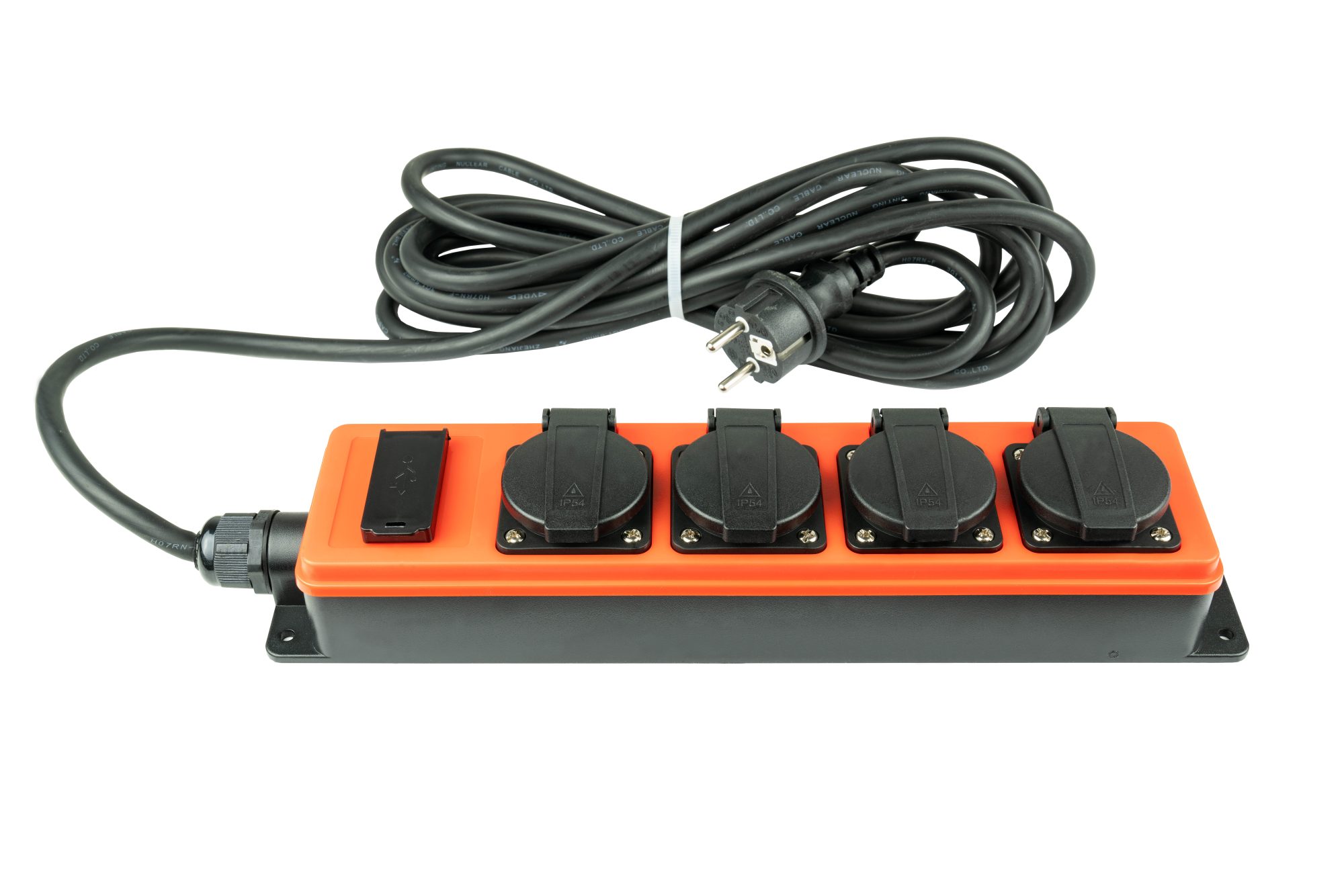 Steckdosenleiste Outdoor, 4-Schutzkontakt-Buchse (IP54/IP20), 2x USB-A Buchse, orange/schwarz, 5m