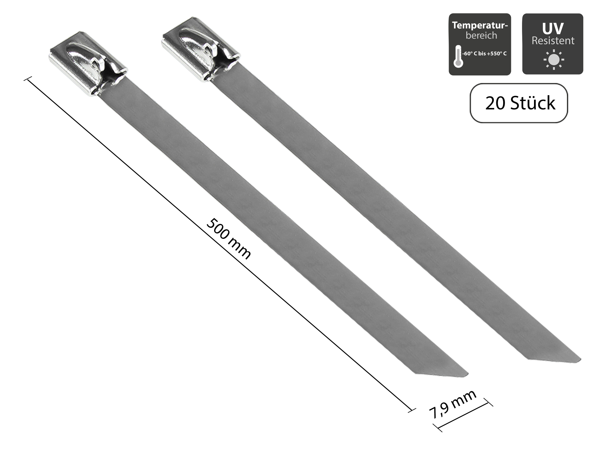 Edelstahl-Kabelbinder 500 mm x 7,9 mm, -60 °C bis +550 °C, 20 Stück