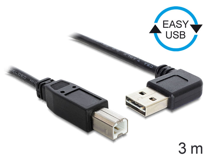 Anschlusskabel USB 2.0 EASY Stecker A an Stecker B, gewinkelt, schwarz, 3m