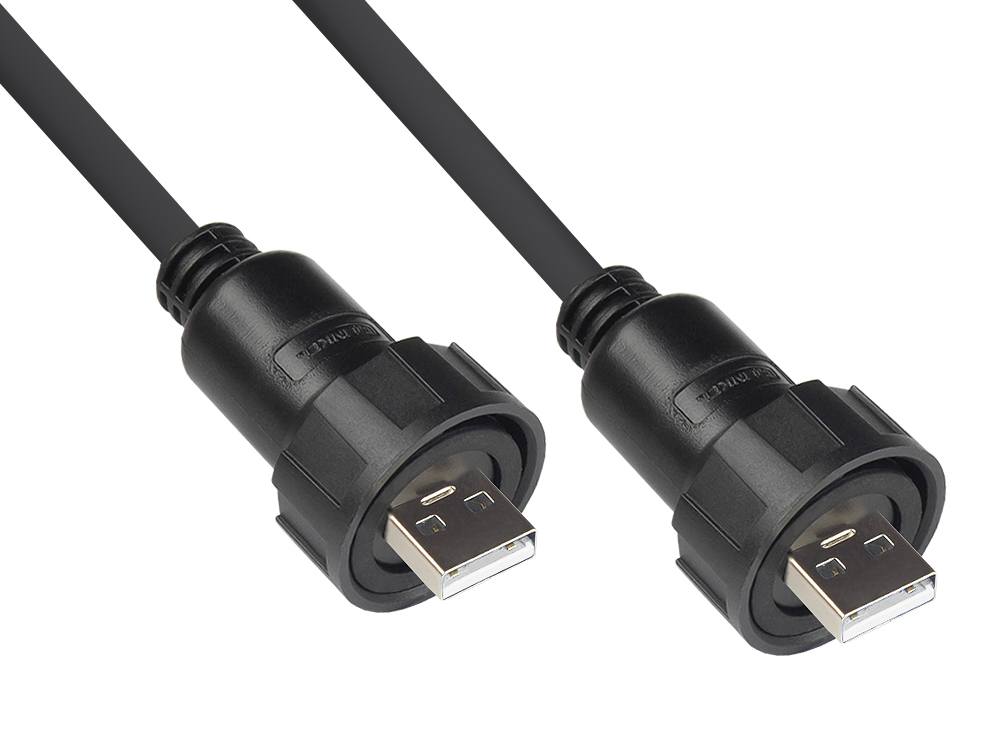 Industrie-Steckverbinder S4 - USB 2.0 Kabel, Stecker A mit Verschraubung beidseitig, schwarz, 1m