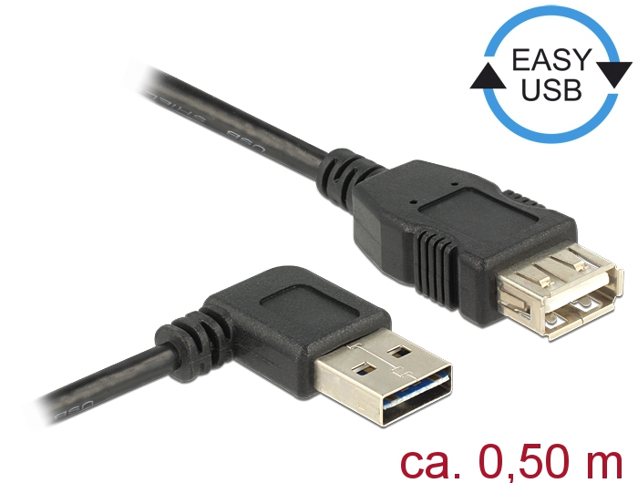 Verlängerungskabel EASY-USB 2.0 Typ-A St gewinkelt links/rechts > USB 2.0 Typ-A Buchse, schwarz,0,5m