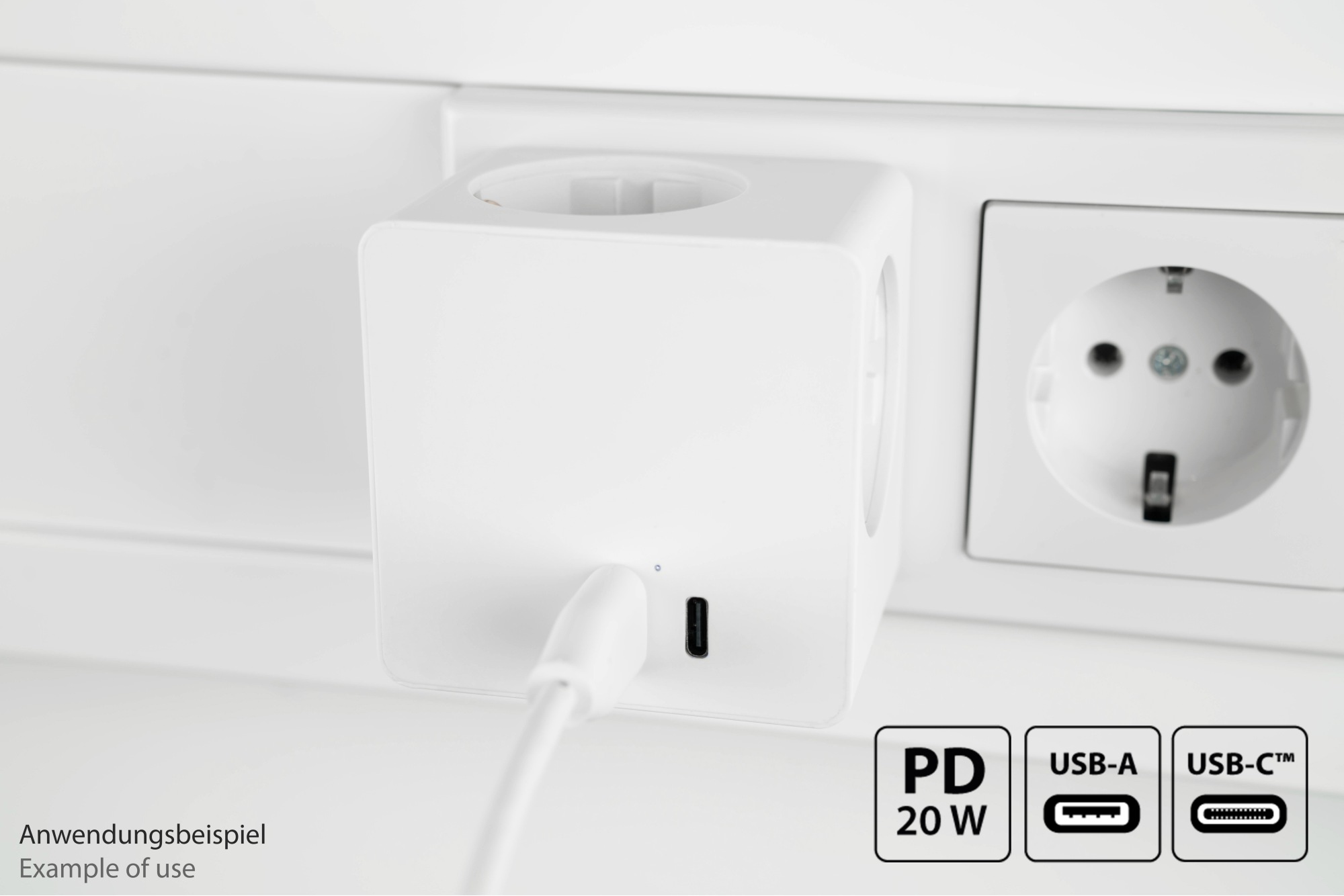 Steckdosenwürfel mit 3x Schutzkontakt-Buchse, USB-C™ (20W, PD 3.0) und USB-A Buchse (18W), weiß