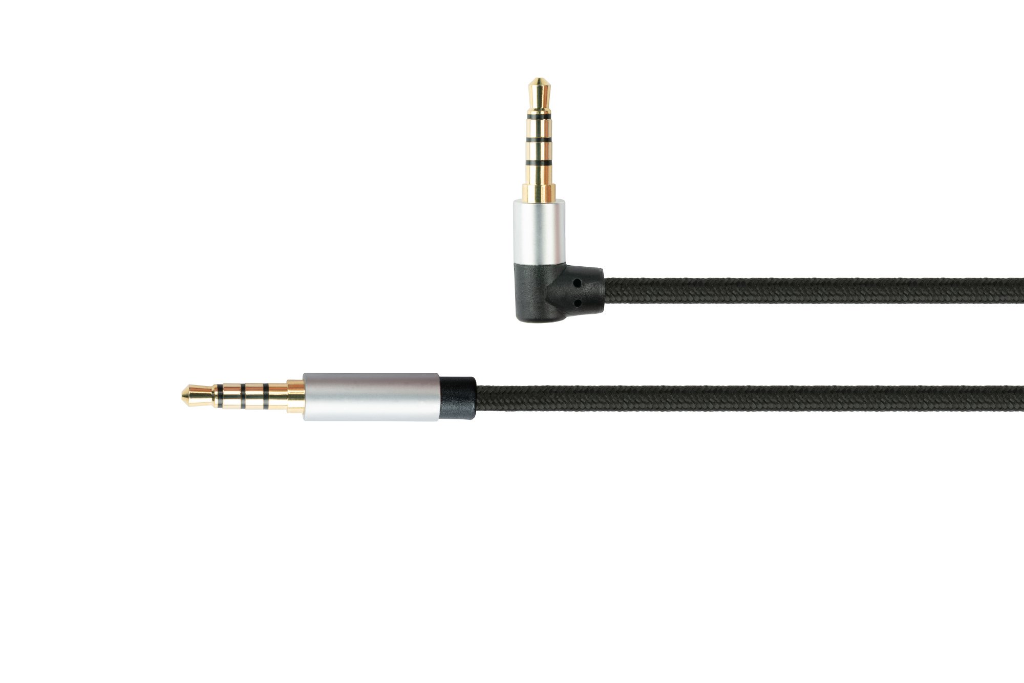 Audio Anschlusskabel High-Quality, 4-poliger 3,5mm Klinkenstecker an Klinkenstecker gewinkelt, Textilmantel, schwarz, 1m
