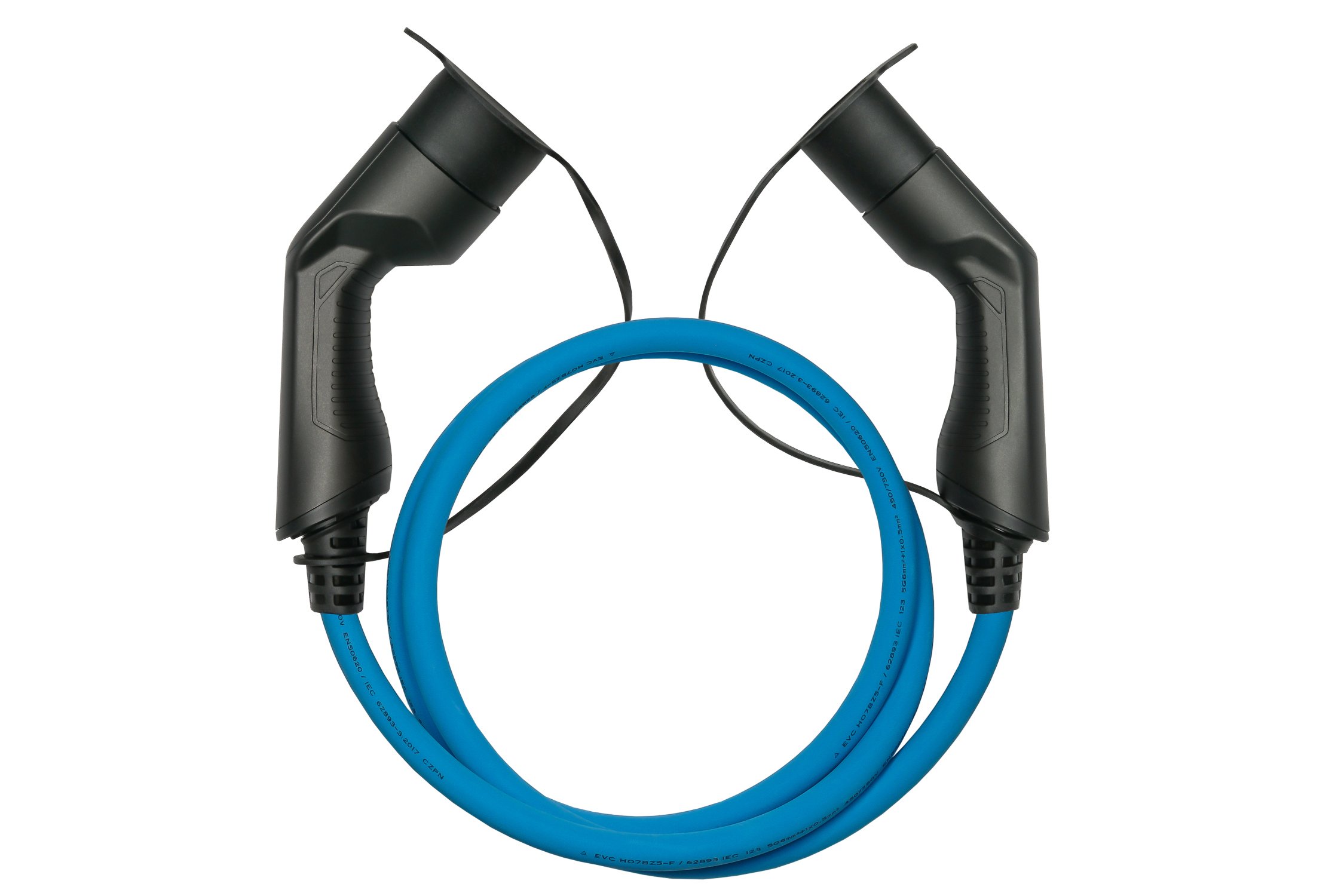 E-Auto-Ladekabel Mode 3, Typ 2 Stecker an Buchse, 3-phasig, 32 A, 22 kW, blau, 2,5m