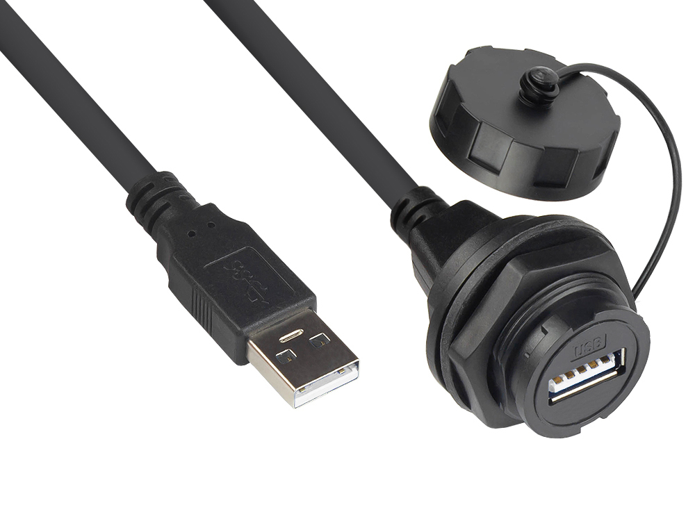 Industrie-Steckverbinder S4 - USB 2.0 Kabel, Stecker A an Einbaubuchse A, Verschraubung, schwarz, 1m