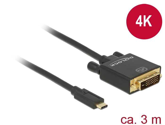 Kabel USB Type-C Stecker an DVI 24+1 Stecker (DP Alt Mode), 4K 30Hz, schwarz, 3m