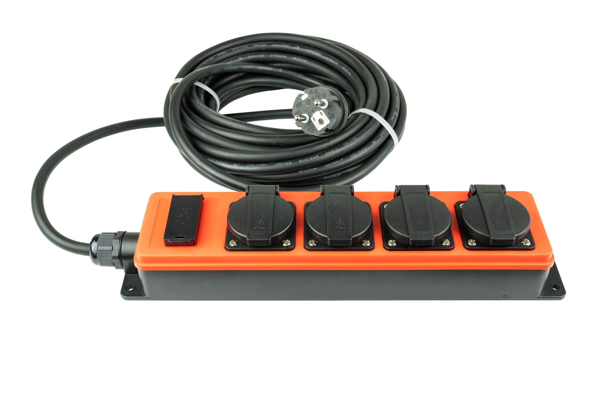 Steckdosenleiste Outdoor, 4-Schutzkontakt-Buchse (IP54/IP20), 2x USB-A Buchse, orange/schwarz, 10m