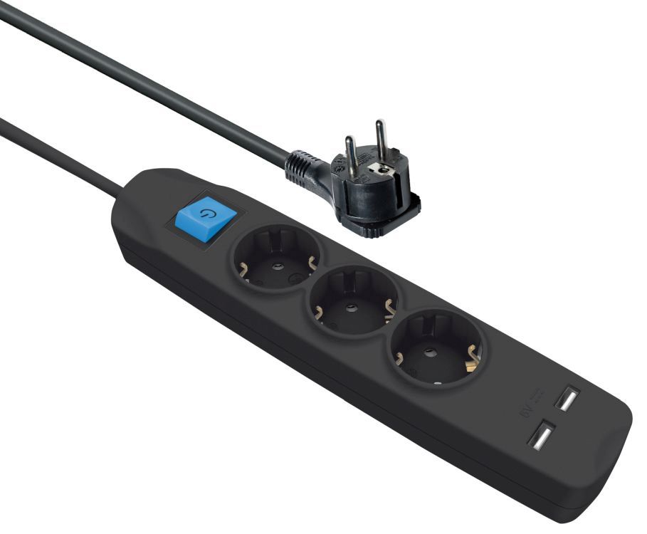 Steckdosenleiste 3-fach + 2x USB (2,1A), mit Schalter, flachen Schutzkontaktstecker, schwarz, 1,5m