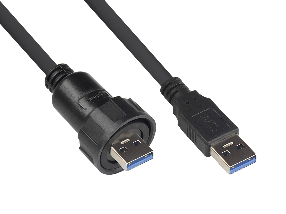 Industrie-Steckverbinder S4 - USB 3.0 Kabel, Stecker A mit Verschraubung an Stecker A, schwarz, 1m