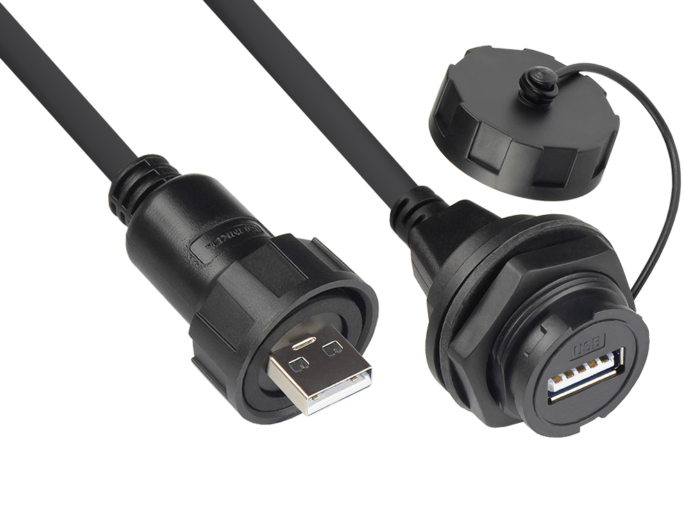 Industrie-Steckverbinder S4 - USB 2.0 Kabel, Stecker A an Einbaubuchse A, Verschraubung, schwarz, 1m