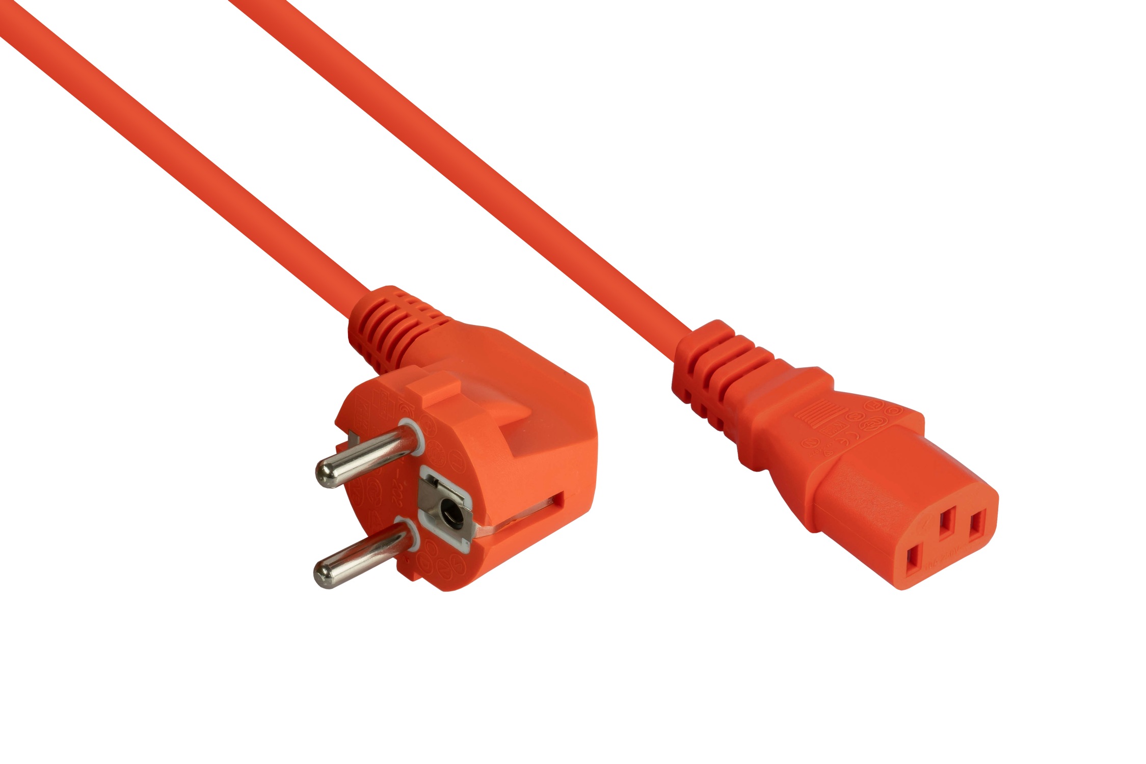 kabelmeister® Netzkabel Schutzkontakt-Stecker Typ E+F (90° gew.) an Kaltgeräte-Buchse C13, orange, 0,75mm², 1,8m