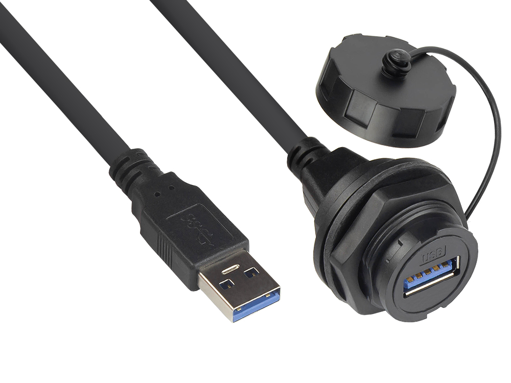 Industrie-Steckverbinder S4 - USB 3.0 Kabel, Stecker A an Einbaubuchse A, Verschraubung, schwarz, 1m