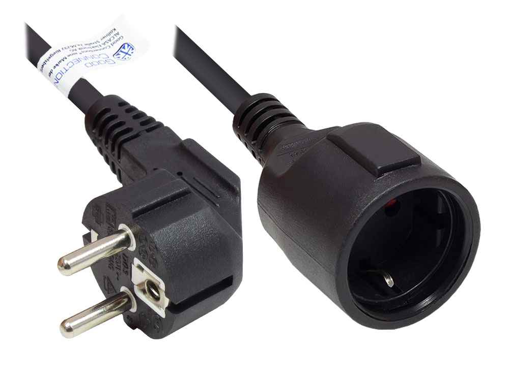 Verlängerung Schutzkontakt-Stecker Typ E+F (gewinkelt) an Buchse Typ F, schwarz, 1,50 mm², 10 m