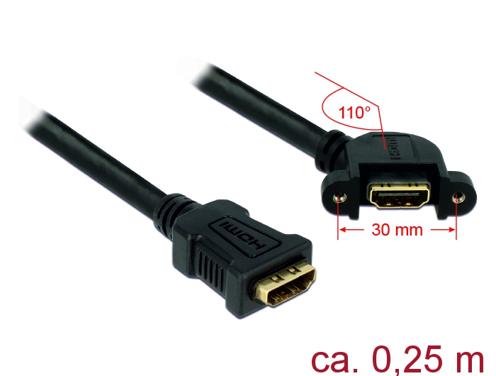 Kabel HDMI A Buchse an HDMI A Buchse anm Einbau 110° gewinkelt, schwarz, 0,25m