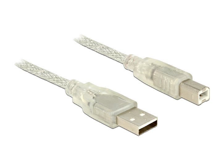 Anschlusskabel USB 2.0 A Stecker an USB 2.0 B Stecker, transparent, 5m