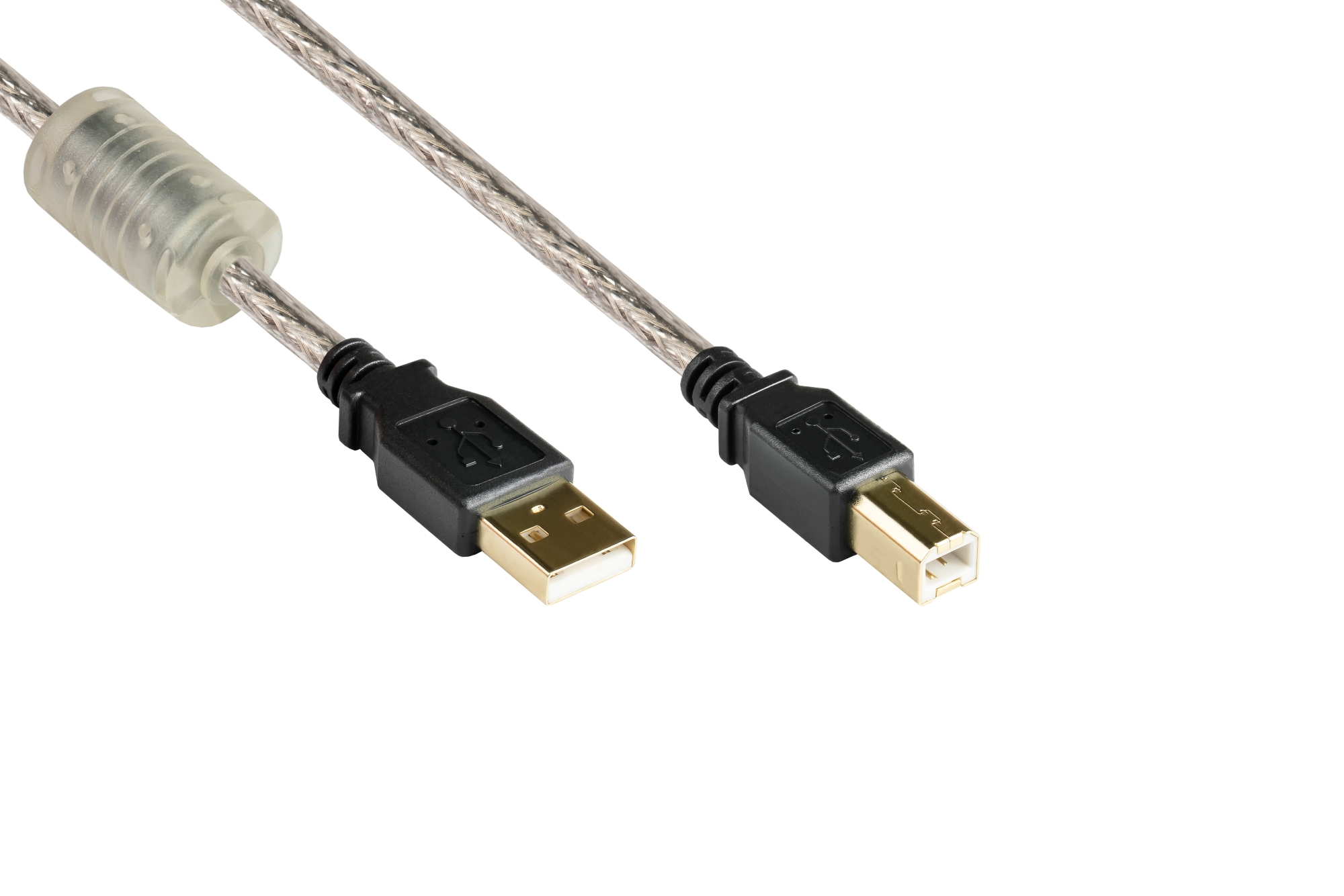Anschlusskabel USB 2.0 Stecker A an Stecker B, High Quality mit Ferritkern, transparent, 1,8m